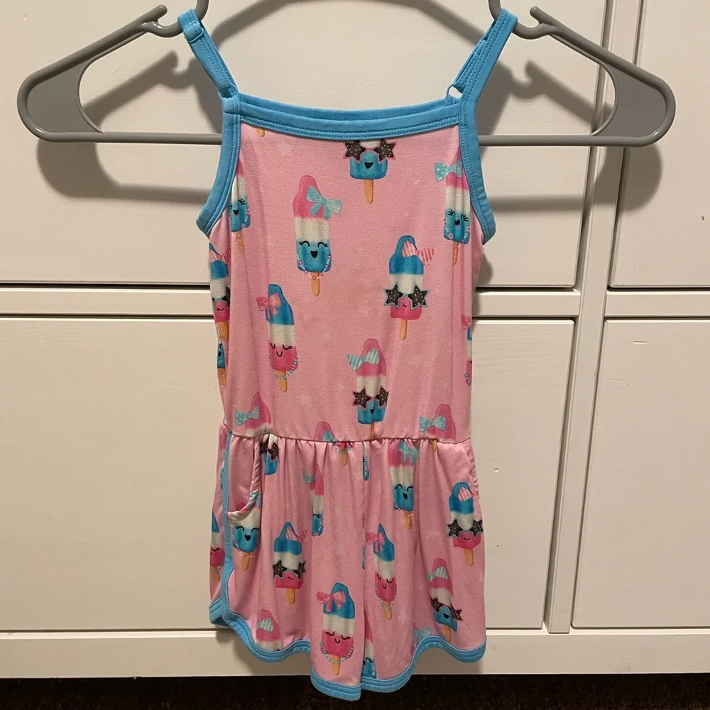 Girls Pink Popsicle Print Tank Dress with Blue Trim